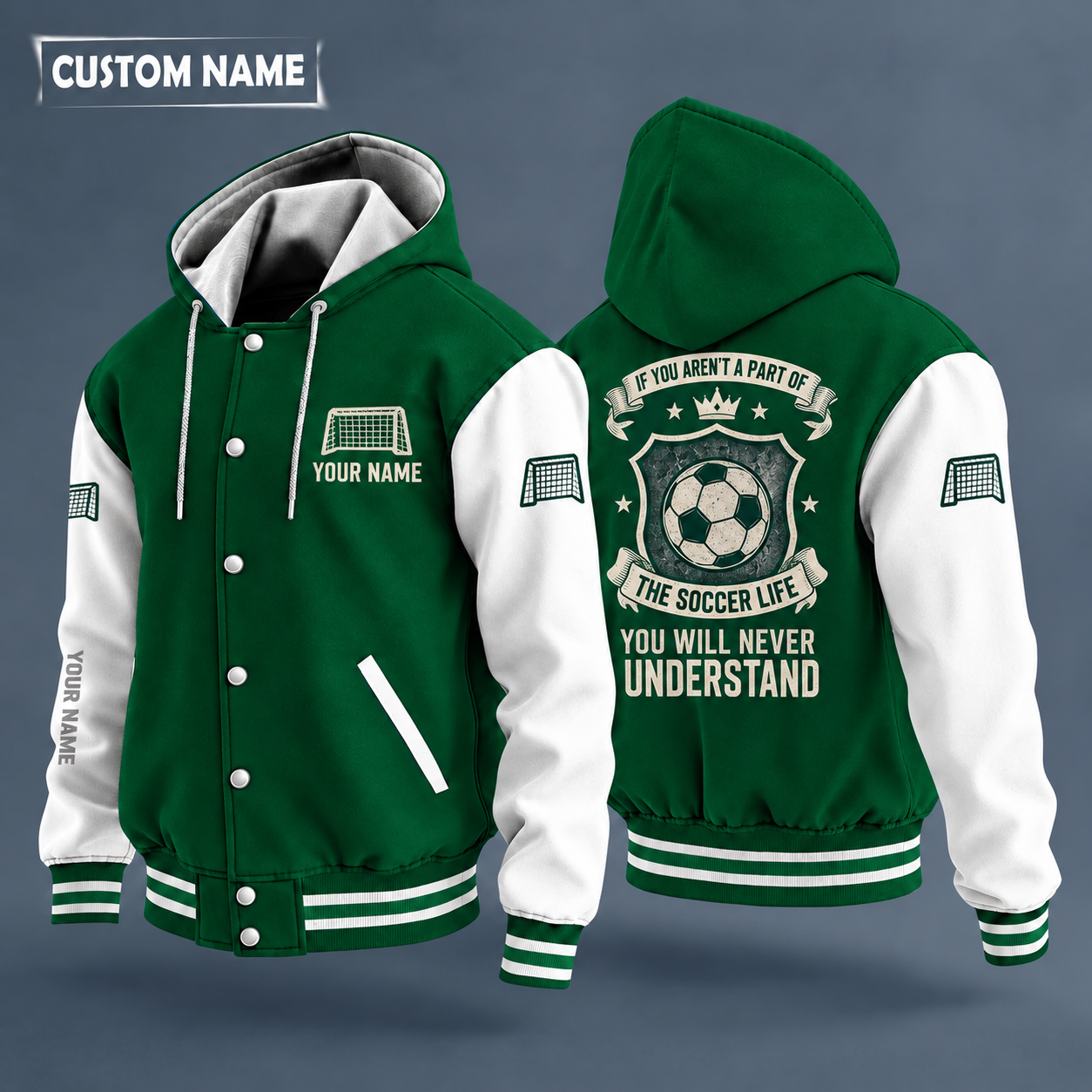 Hooded letterman jacket with white sleeves, soccer ball on the back, "MOM" lettering and a custom name on the chest under a small icon