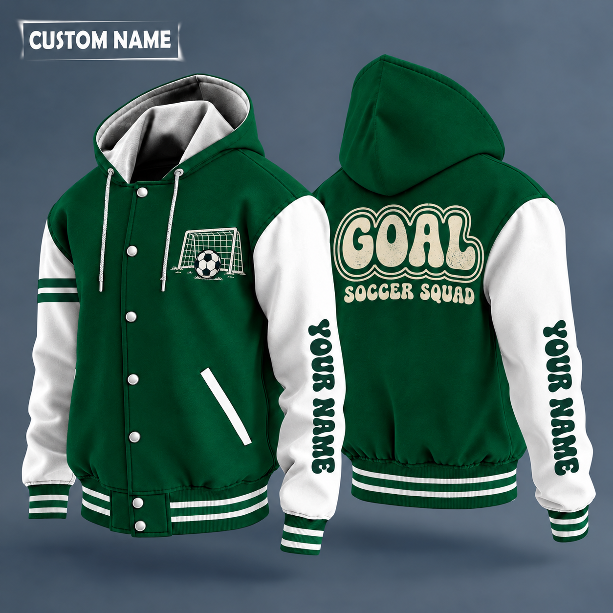 Hooded letterman jacket with white sleeves, soccer ball on the back, "GOAL" lettering and a custom name down one sleeve in a retro font