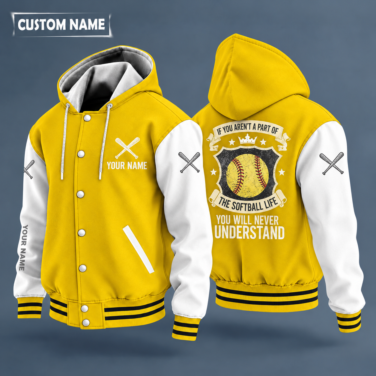 Hooded letterman jacket with white sleeves, yellow softball with red stitches on the back, "AUNTIE" lettering and a custom name on the chest under a small icon