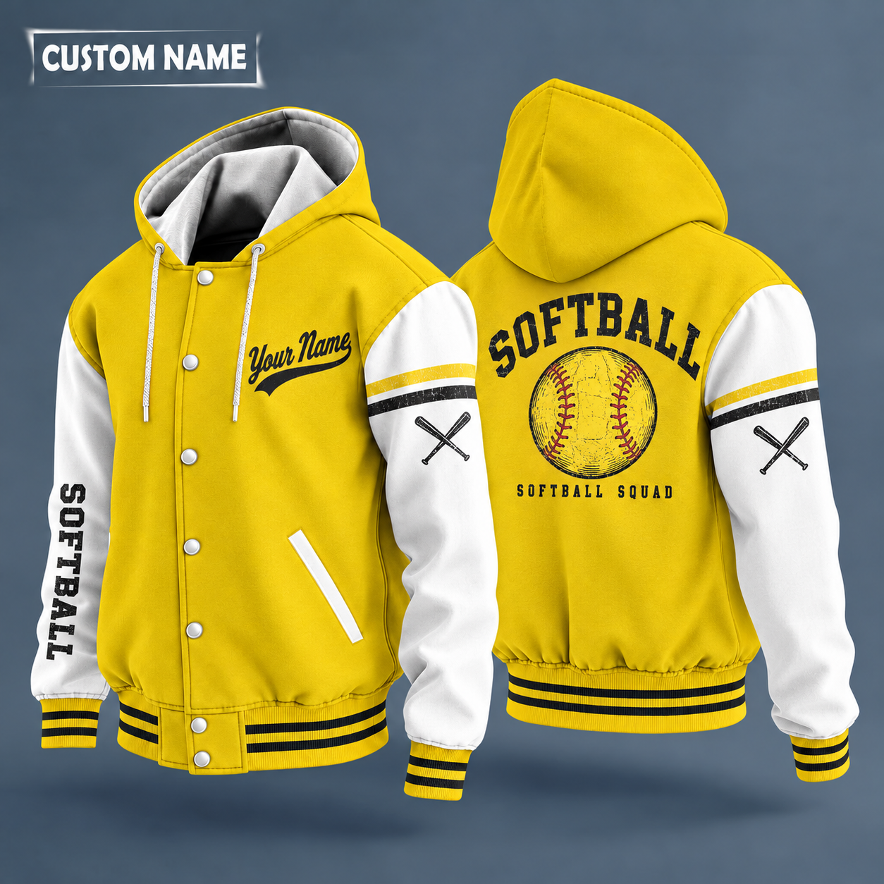 Hooded letterman jacket with white sleeves, yellow softball with red stitches on the back, "SOFTBALL" lettering and a custom name in script on the chest