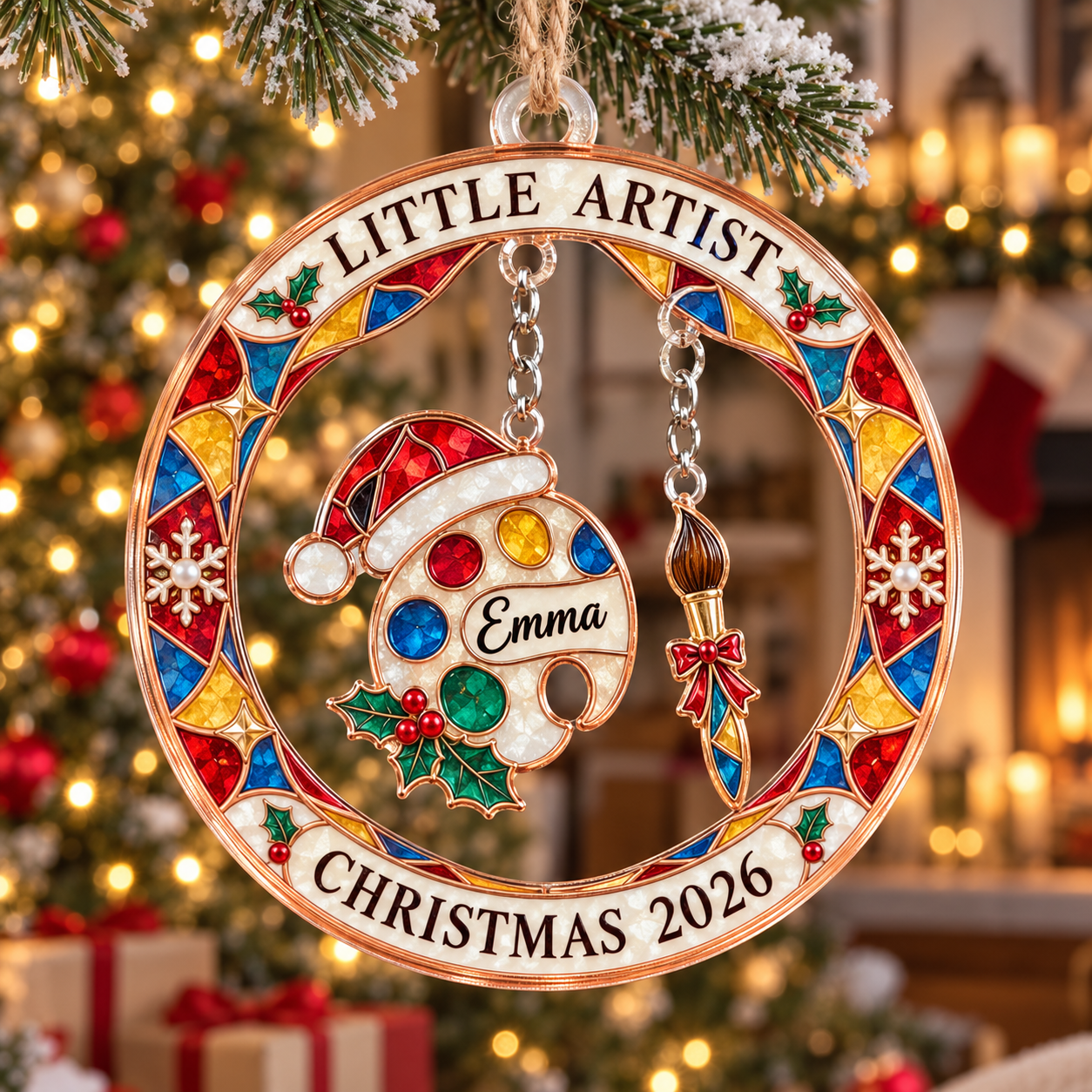 Stained-glass acrylic Christmas ornament with "LITTLE ARTIST" and personalised name charms