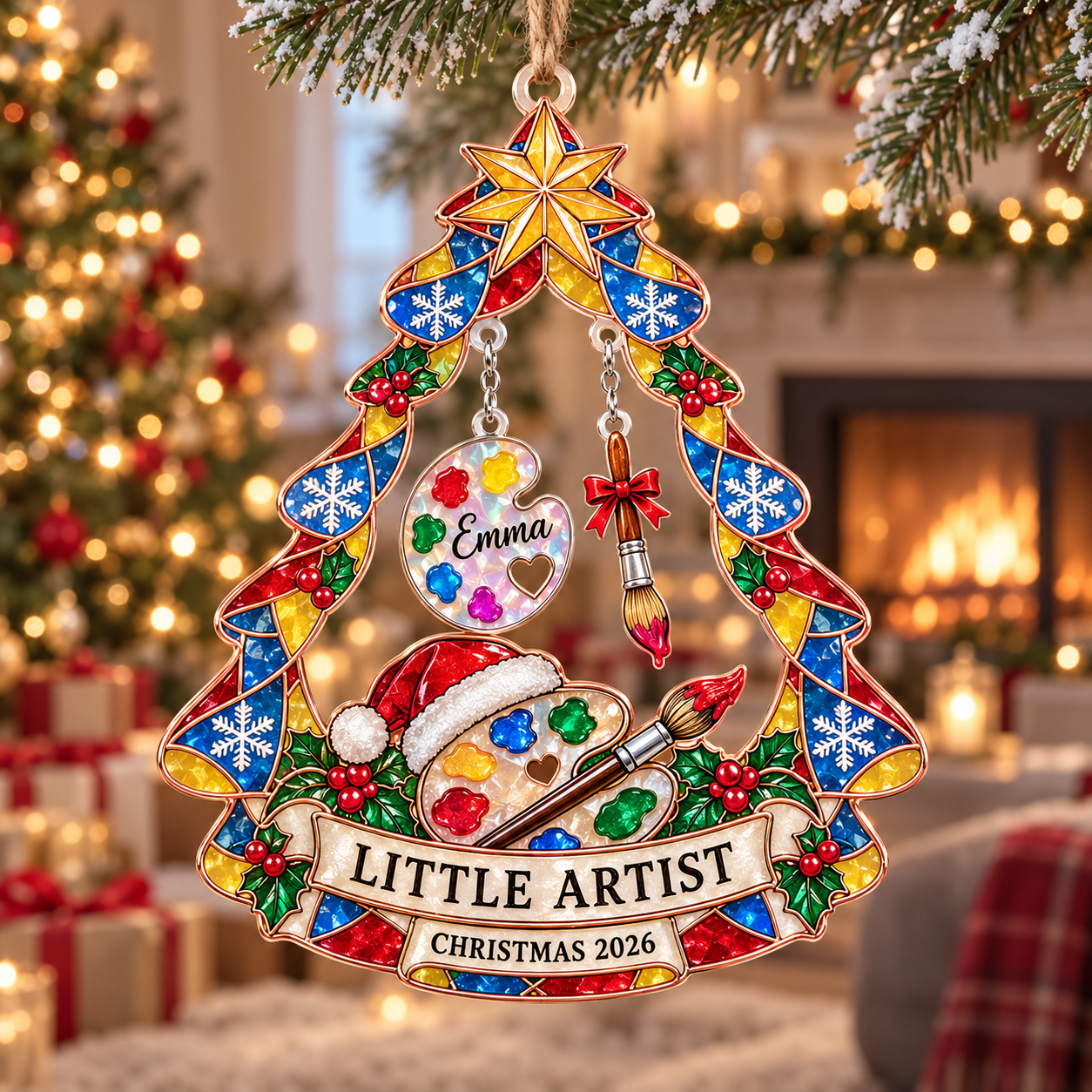 Stained-glass acrylic Christmas ornament with "LITTLE ARTIST" and personalised name charms
