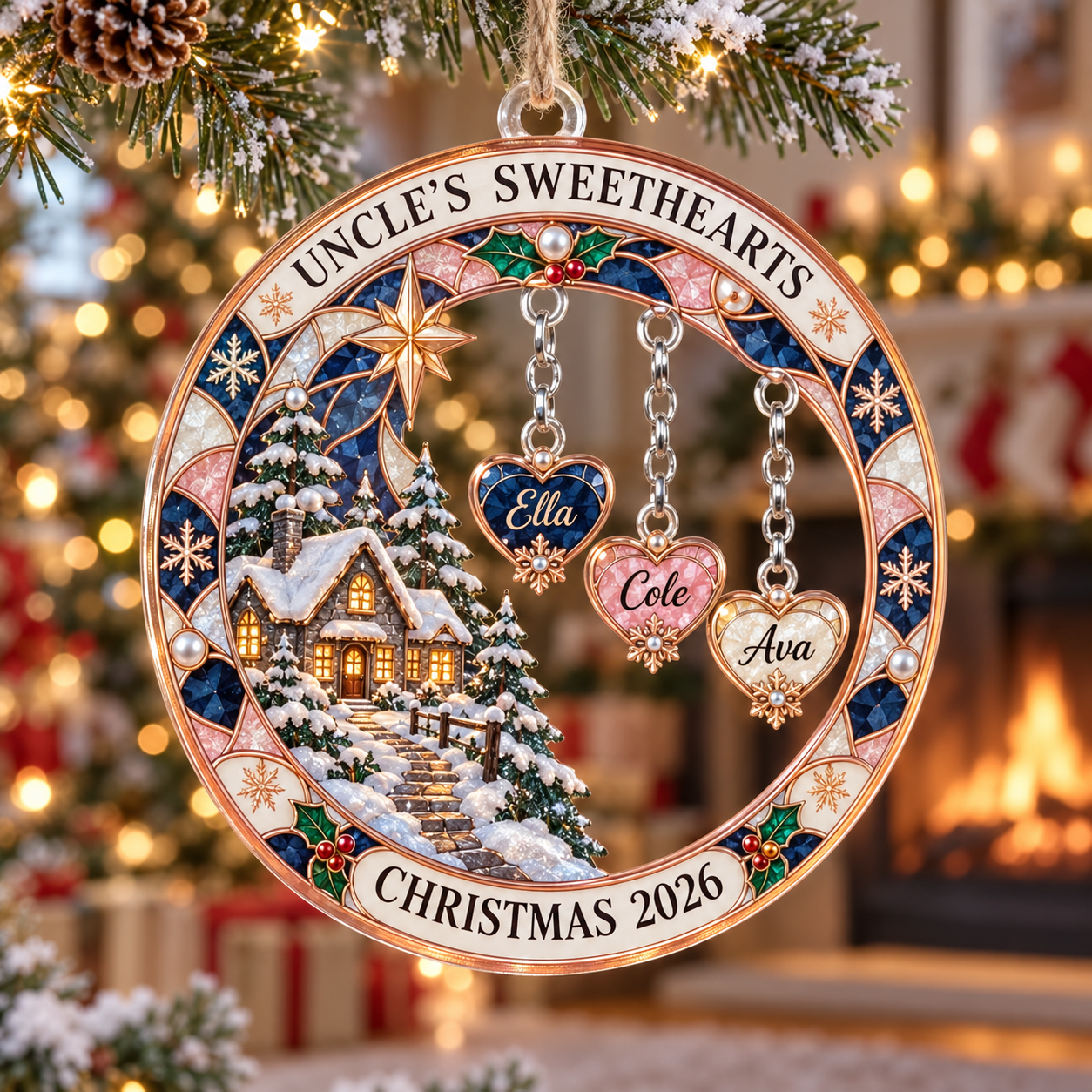 Stained-glass acrylic Christmas ornament with "UNCLE'S SWEETHEARTS" and personalised name charms