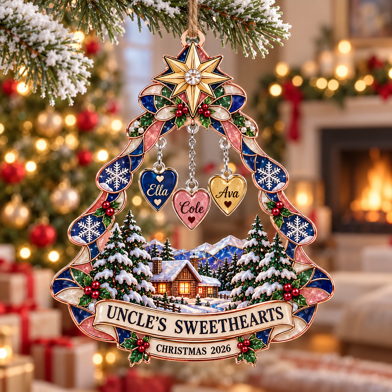 Stained-glass acrylic Christmas ornament with "UNCLE'S SWEETHEARTS" and personalised name charms