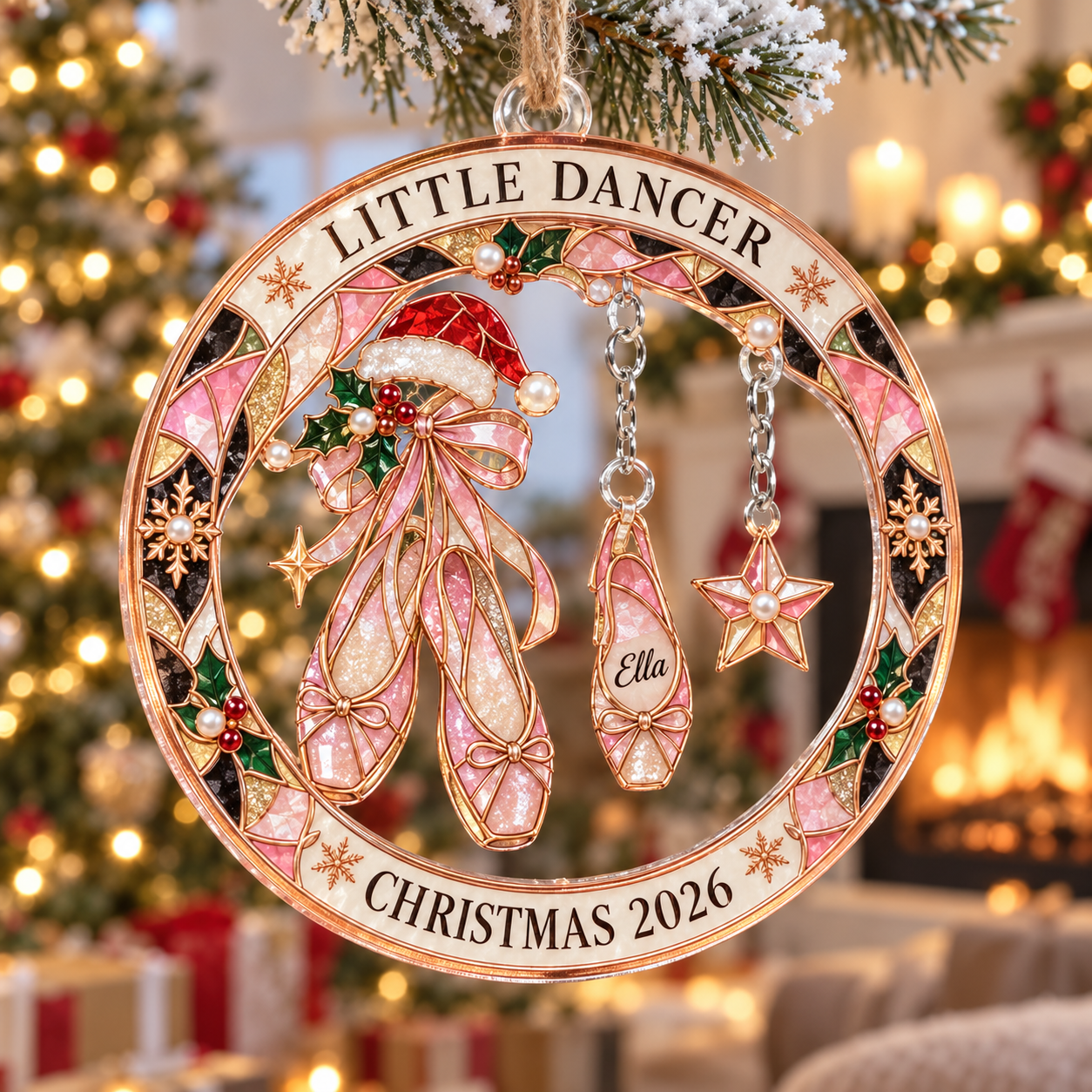 Stained-glass acrylic Christmas ornament with "LITTLE DANCER" and personalised name charms