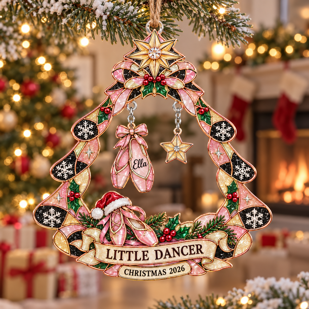 Stained-glass acrylic Christmas ornament with "LITTLE DANCER" and personalised name charms