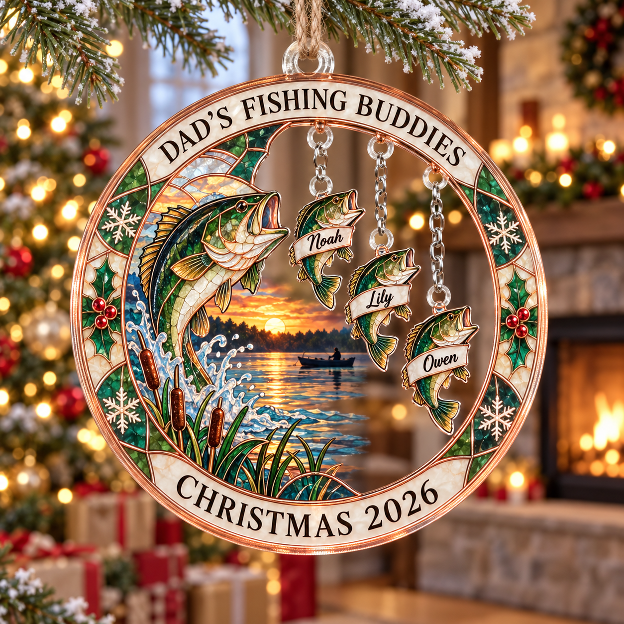 Stained-glass acrylic Christmas ornament with "DAD'S FISHING BUDDIES" and personalised name charms