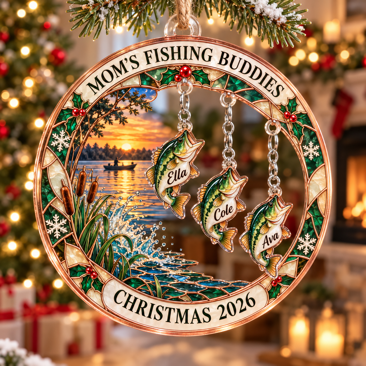 Stained-glass acrylic Christmas ornament with "MOM'S FISHING BUDDIES" and personalised name charms