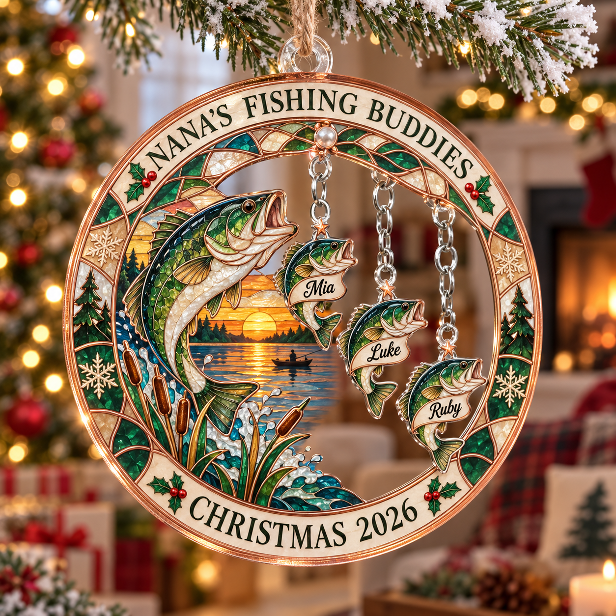 Stained-glass acrylic Christmas ornament with "NANA'S FISHING BUDDIES" and personalised name charms