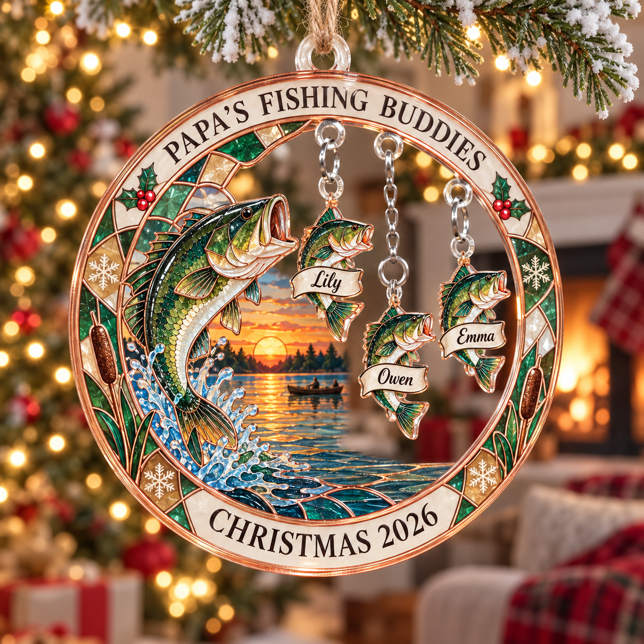 Stained-glass acrylic Christmas ornament with "PAPA'S FISHING BUDDIES" and personalised name charms