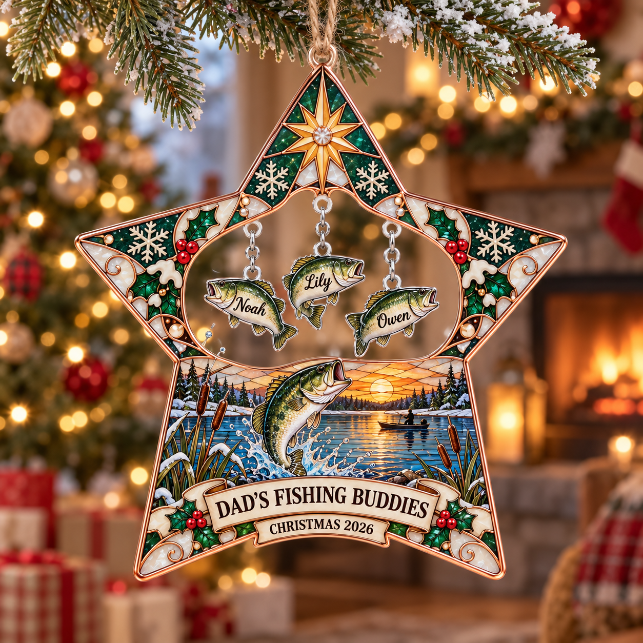 Stained-glass acrylic Christmas ornament with "DAD'S FISHING BUDDIES" and personalised name charms
