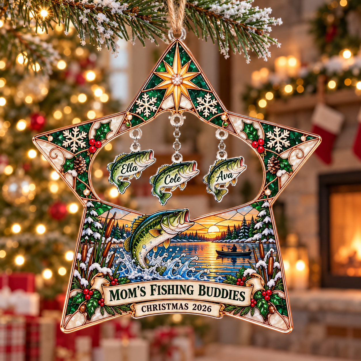 Stained-glass acrylic Christmas ornament with "MOM'S FISHING BUDDIES" and personalised name charms
