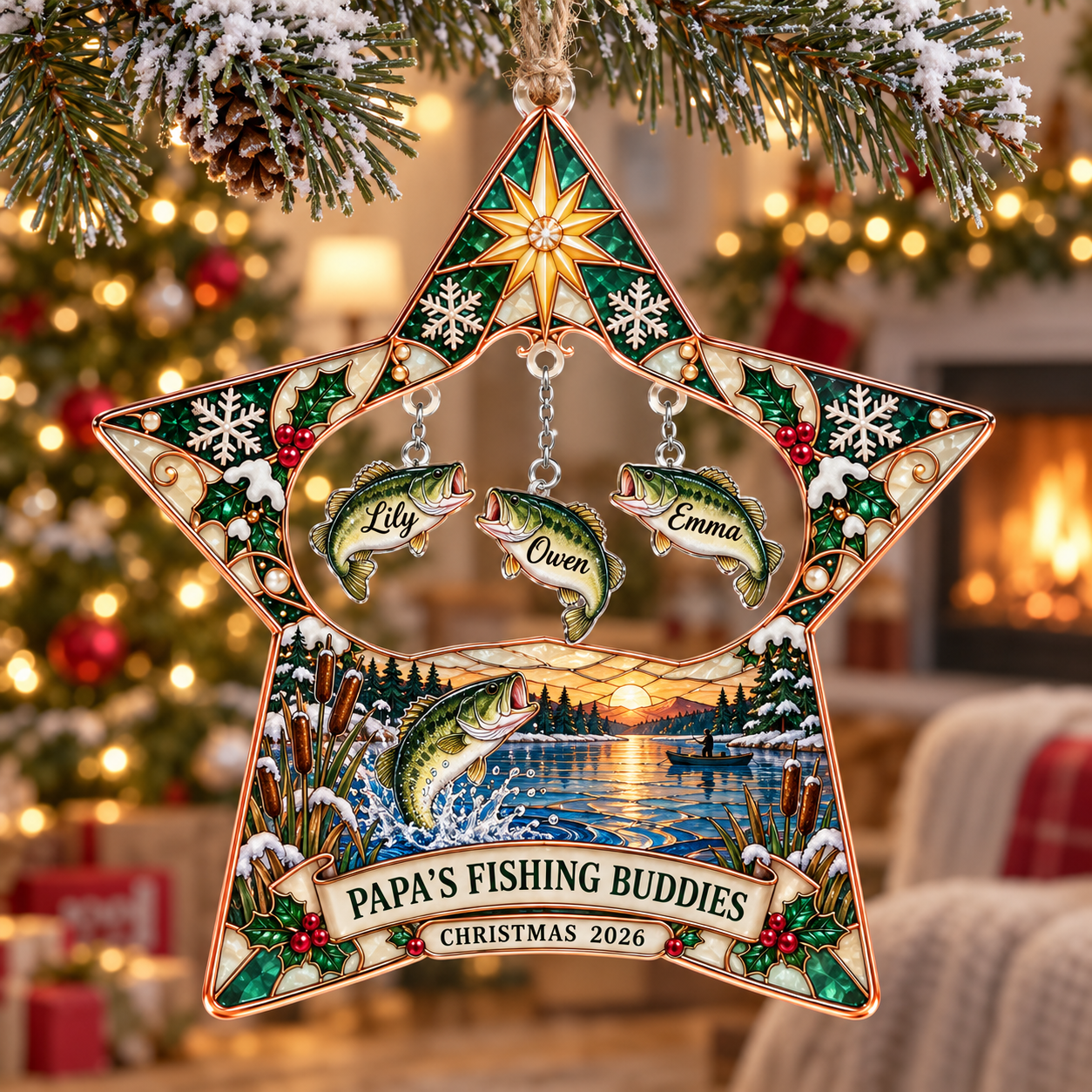 Stained-glass acrylic Christmas ornament with "PAPA'S FISHING BUDDIES" and personalised name charms