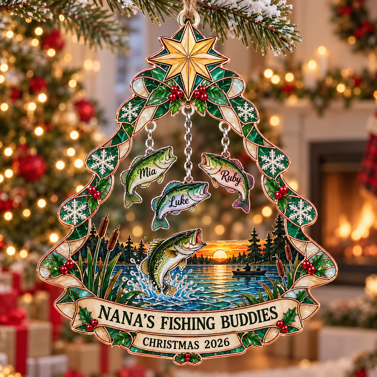 Stained-glass acrylic Christmas ornament with "NANA'S FISHING BUDDIES" and personalised name charms