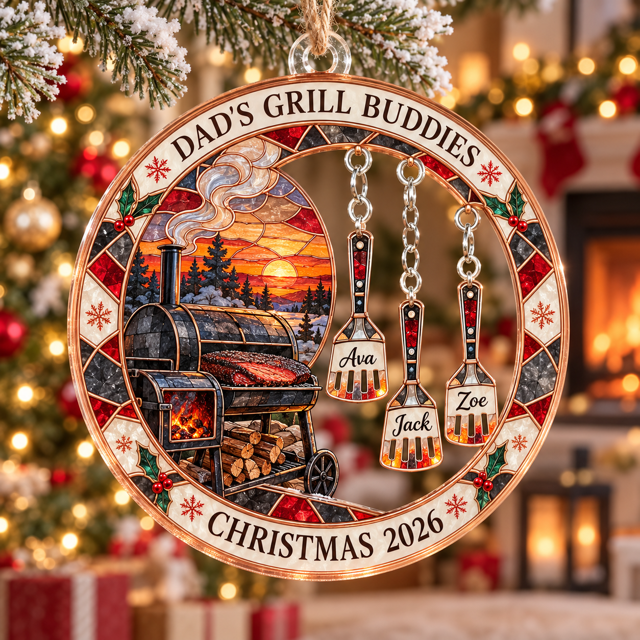 Stained-glass acrylic Christmas ornament with "DAD'S GRILL BUDDIES" and personalised name charms