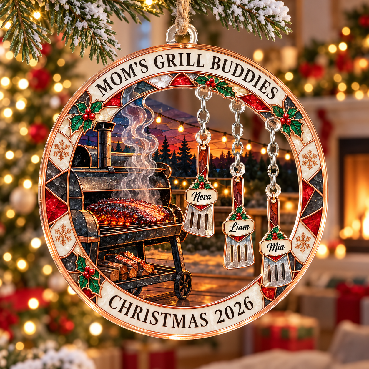 Stained-glass acrylic Christmas ornament with "MOM'S GRILL BUDDIES" and personalised name charms