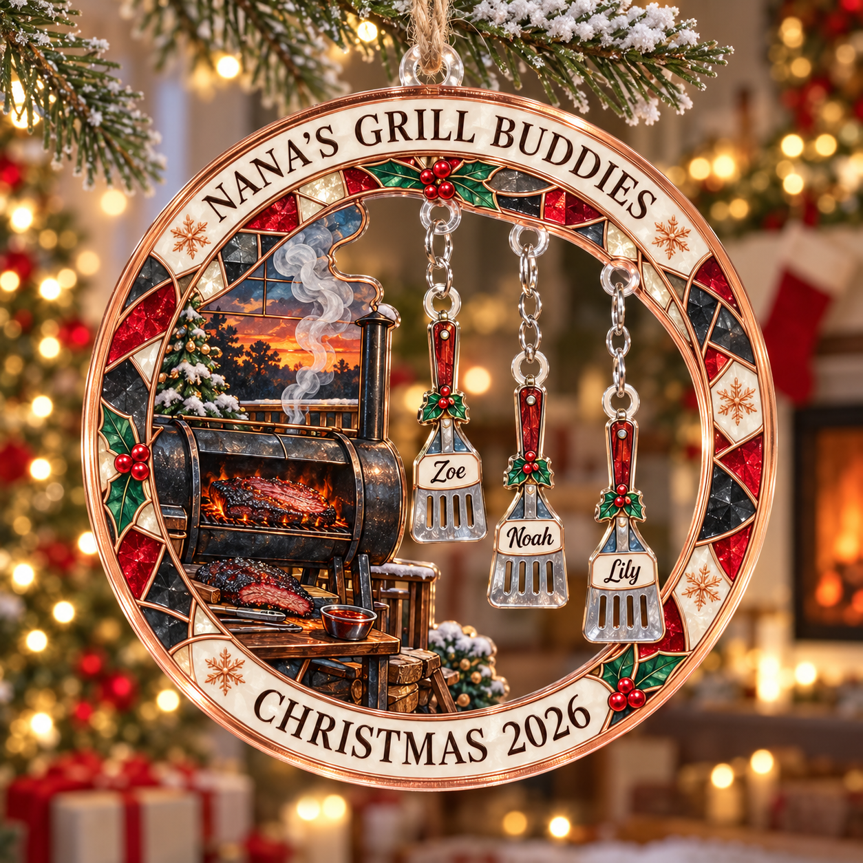 Stained-glass acrylic Christmas ornament with "NANA'S GRILL BUDDIES" and personalised name charms