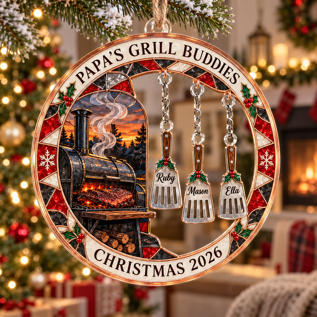 Stained-glass acrylic Christmas ornament with "PAPA'S GRILL BUDDIES" and personalised name charms