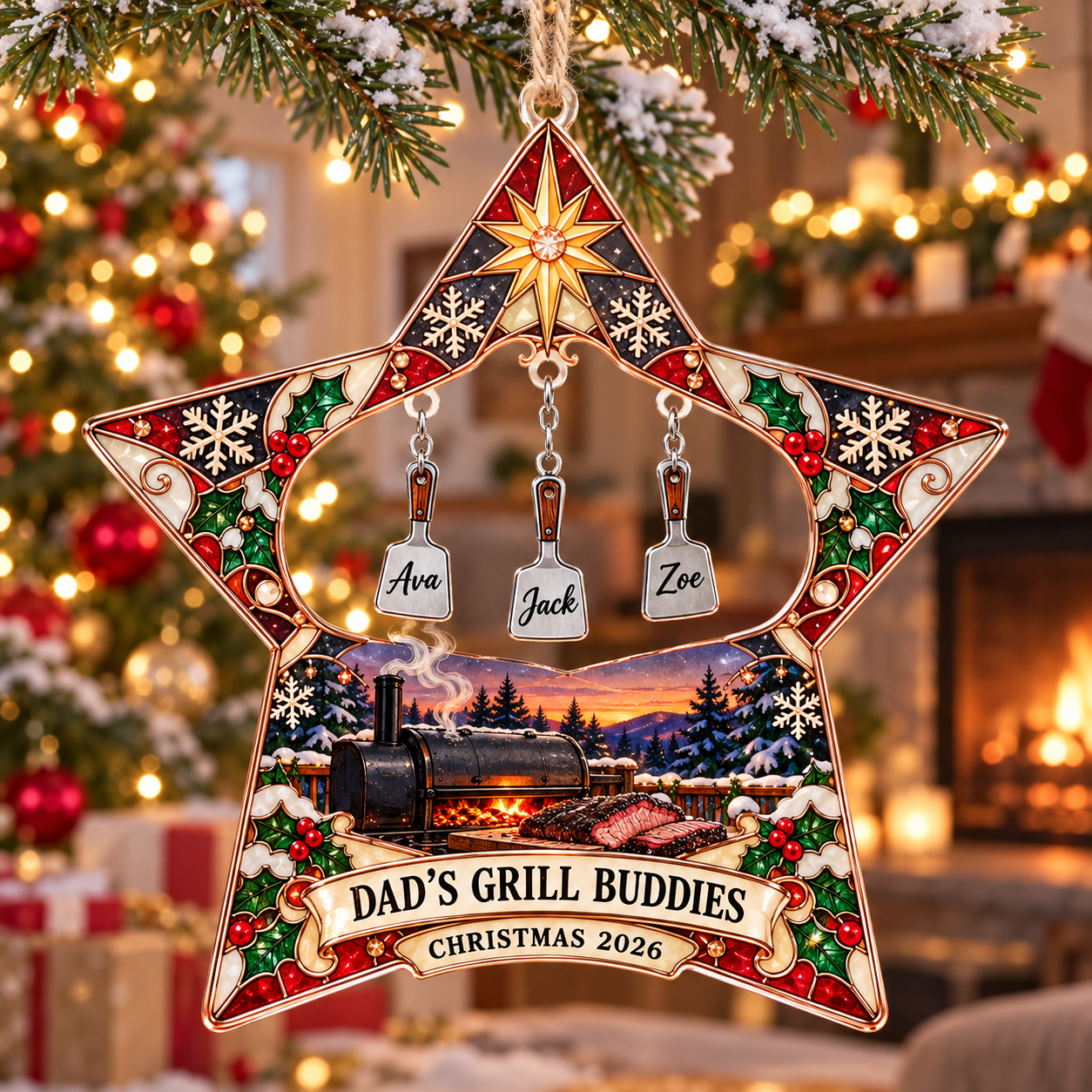 Stained-glass acrylic Christmas ornament with "DAD'S GRILL BUDDIES" and personalised name charms