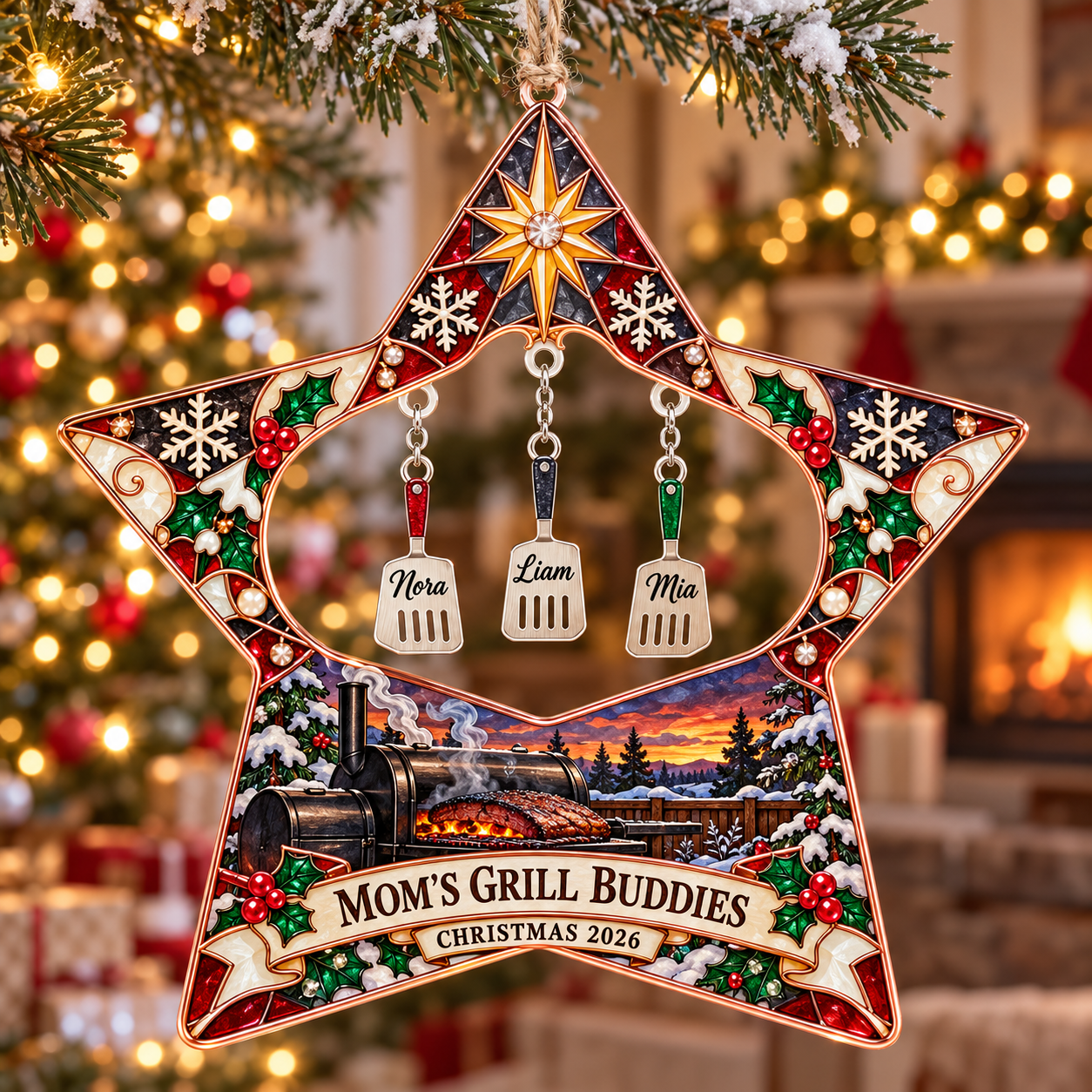 Stained-glass acrylic Christmas ornament with "MOM'S GRILL BUDDIES" and personalised name charms