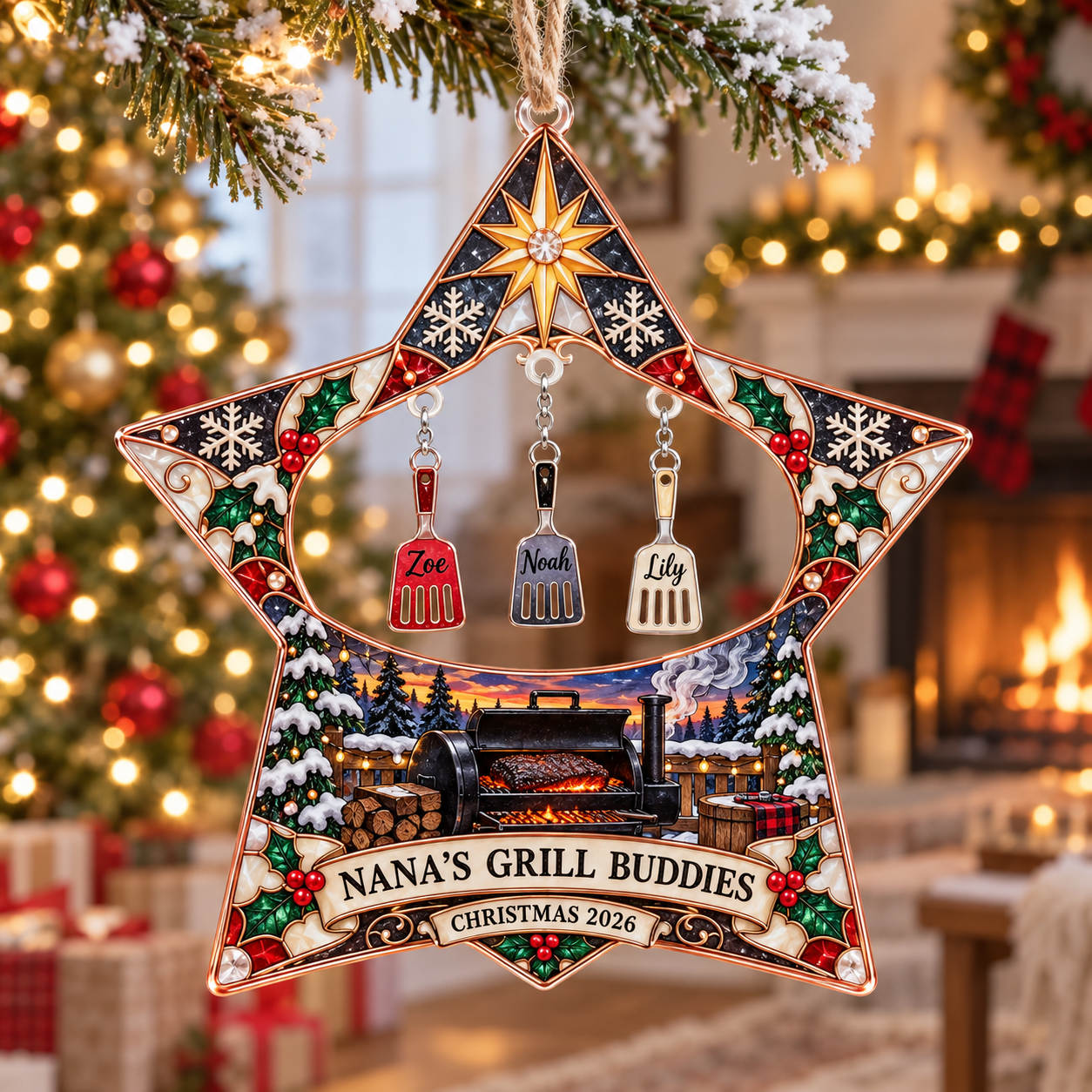 Stained-glass acrylic Christmas ornament with "NANA'S GRILL BUDDIES" and personalised name charms