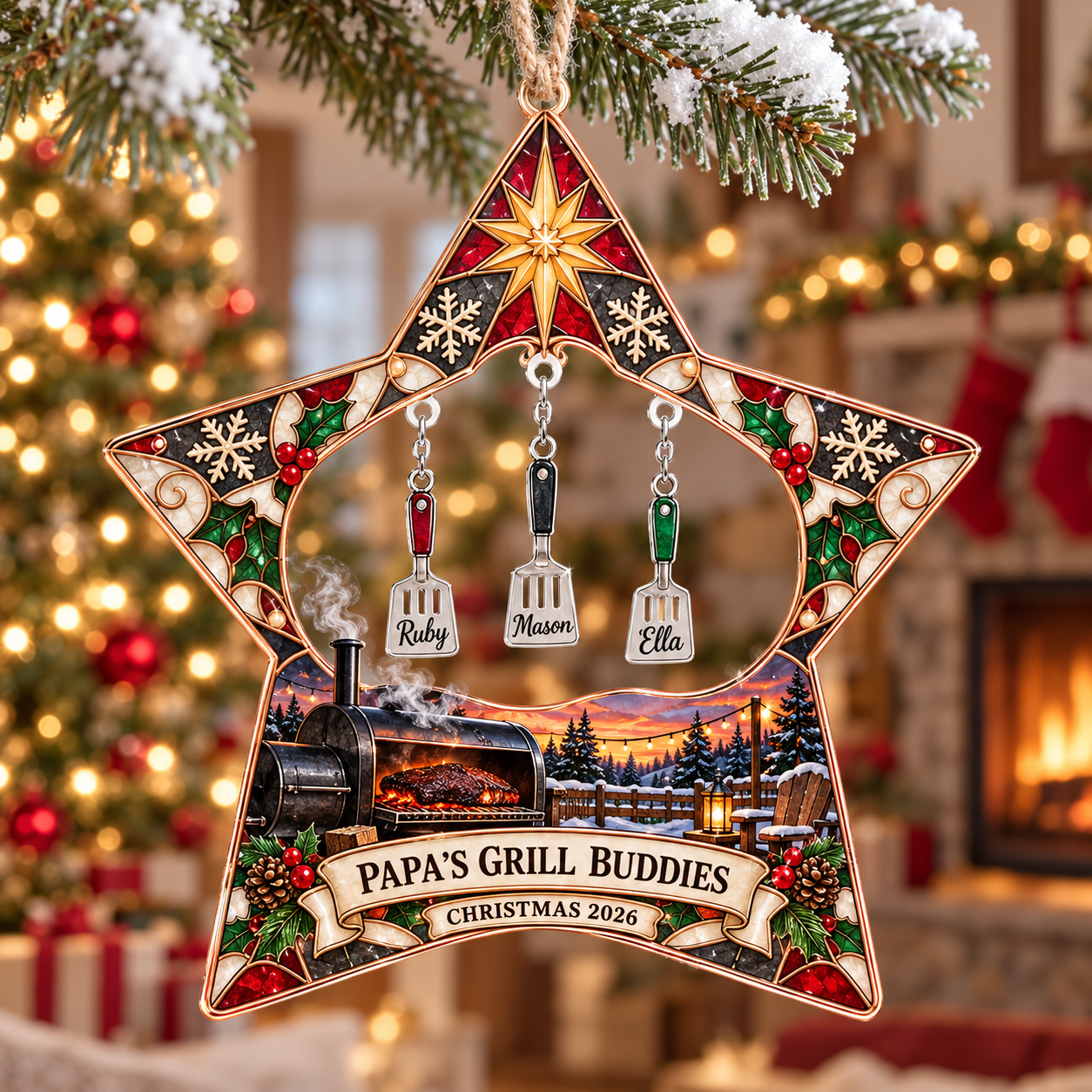 Stained-glass acrylic Christmas ornament with "PAPA'S GRILL BUDDIES" and personalised name charms