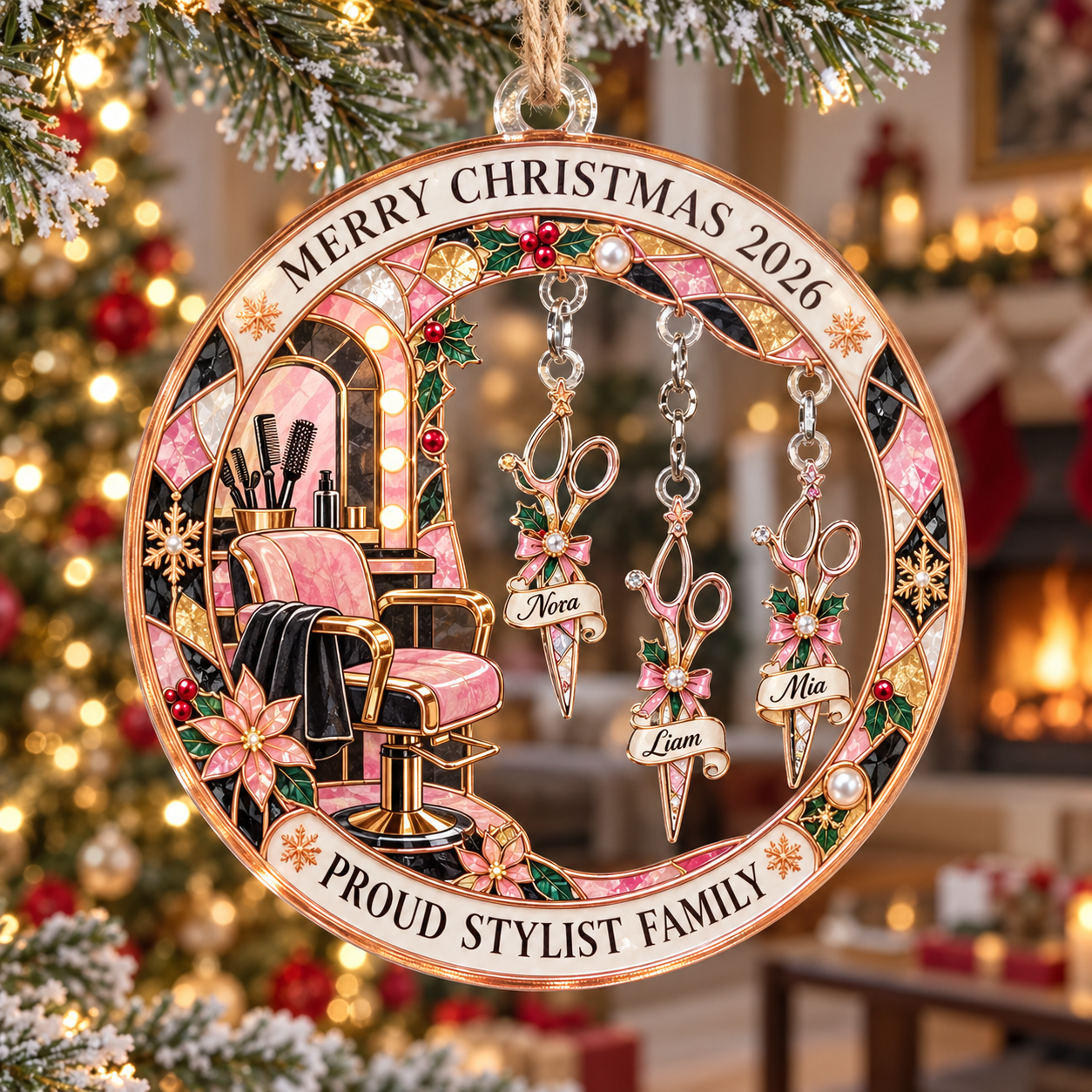 Stained-glass acrylic Christmas ornament with "PROUD STYLIST FAMILY" and personalised name charms