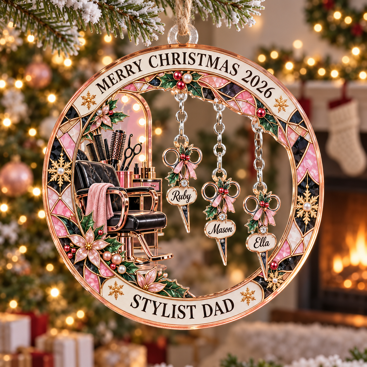 Stained-glass acrylic Christmas ornament with "STYLIST DAD" and personalised name charms