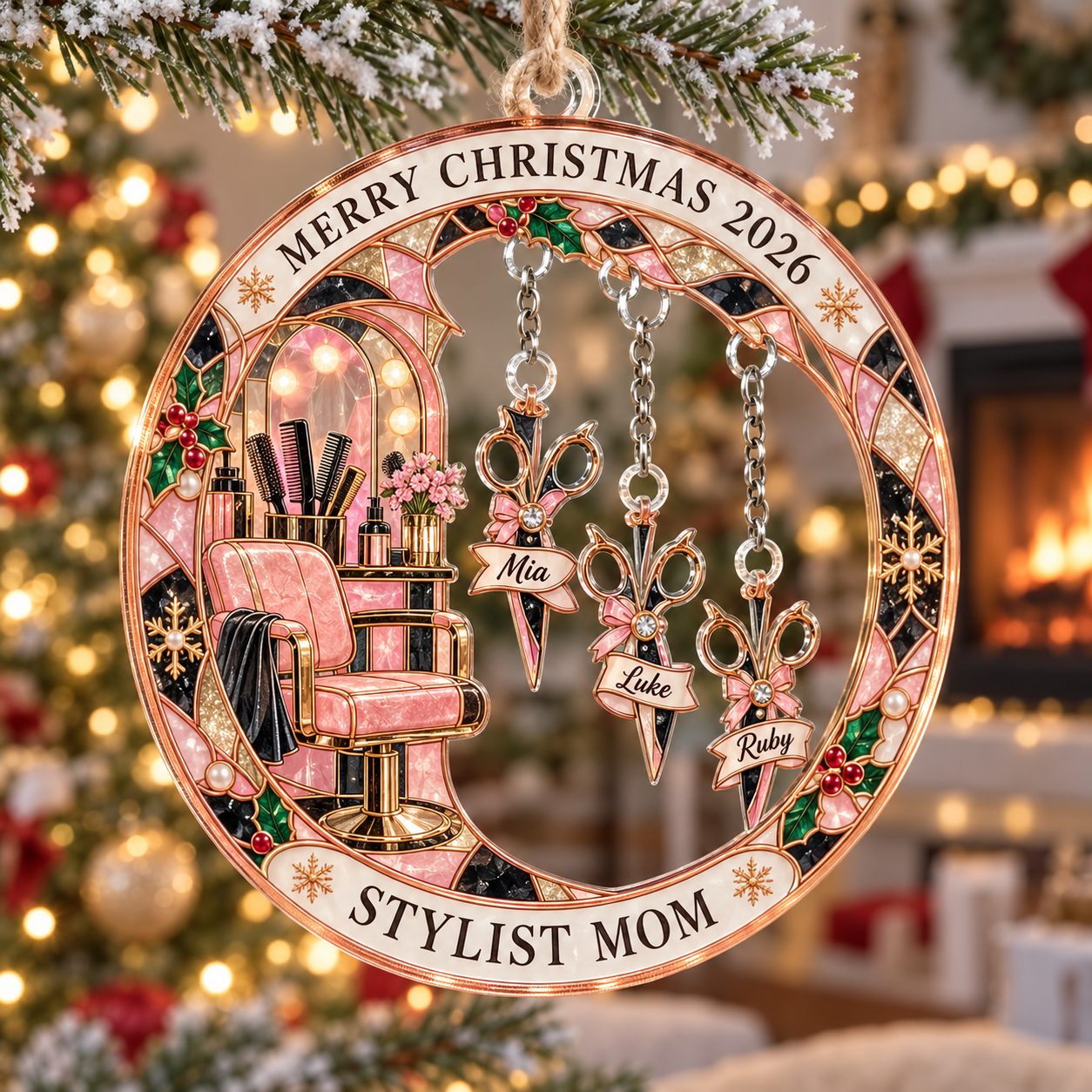 Stained-glass acrylic Christmas ornament with "STYLIST MOM" and personalised name charms