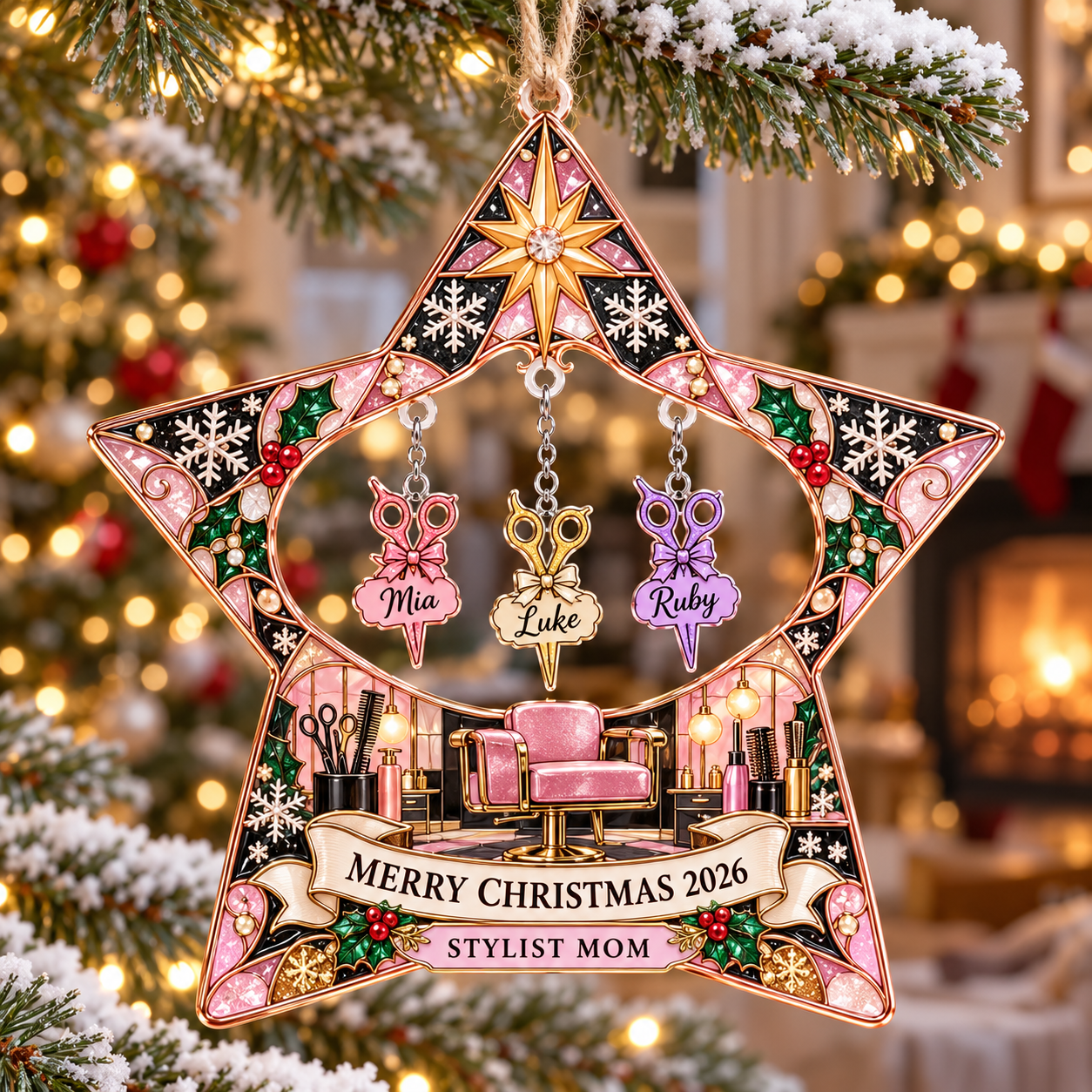 Stained-glass acrylic Christmas ornament with "STYLIST MOM" and personalised name charms