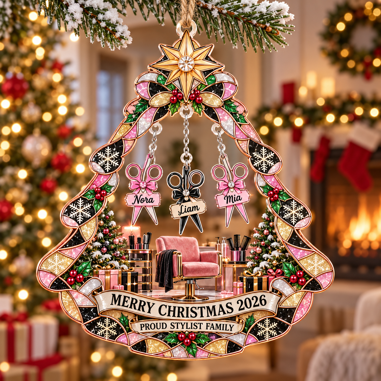Stained-glass acrylic Christmas ornament with "PROUD STYLIST FAMILY" and personalised name charms