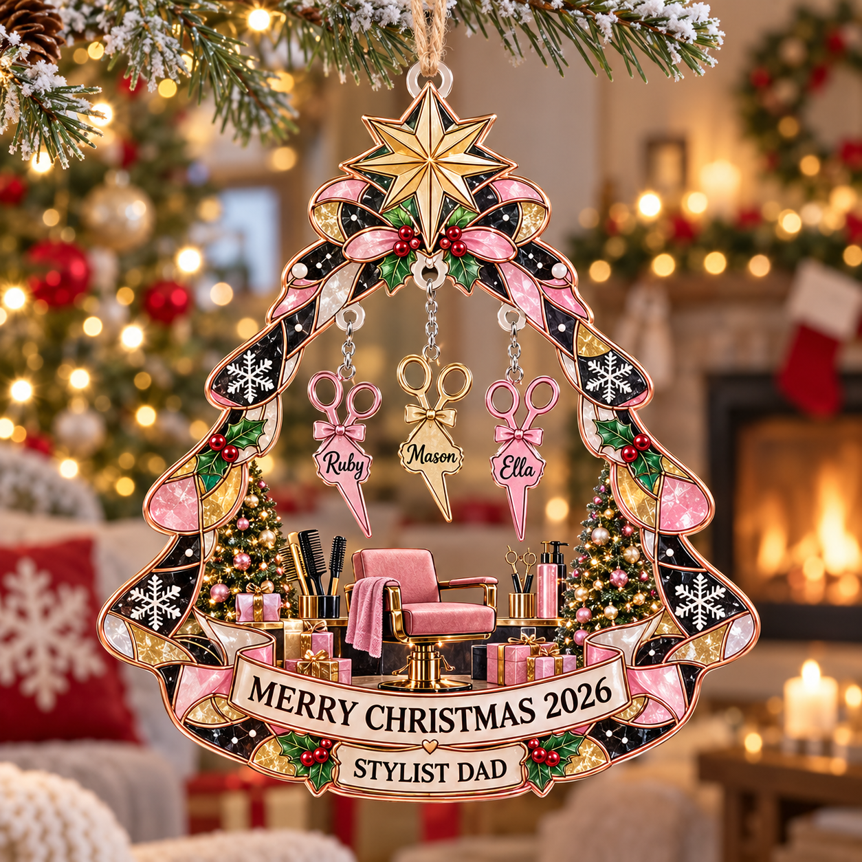 Stained-glass acrylic Christmas ornament with "STYLIST DAD" and personalised name charms