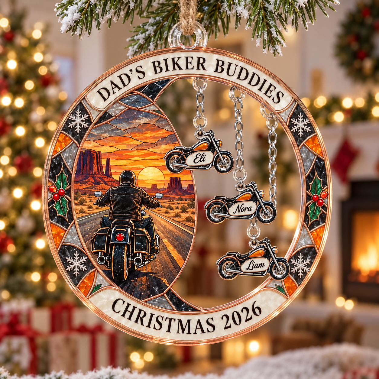 Stained-glass acrylic Christmas ornament with "DAD'S BIKER BUDDIES" and personalised name charms