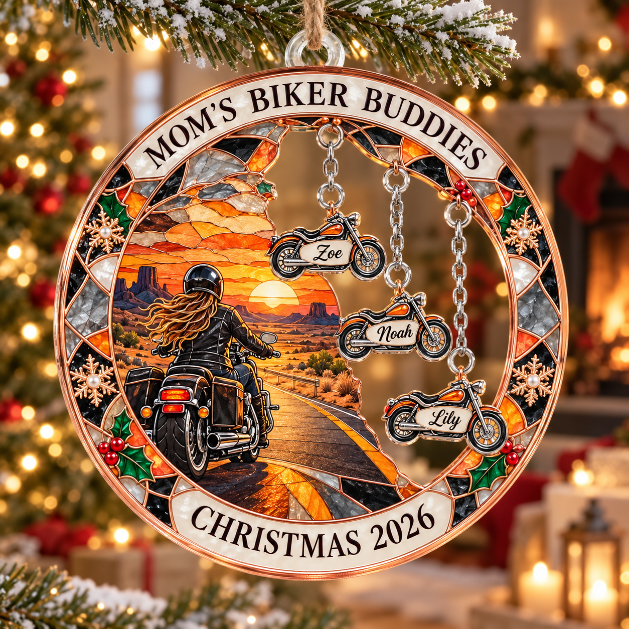 Stained-glass acrylic Christmas ornament with "MOM'S BIKER BUDDIES" and personalised name charms