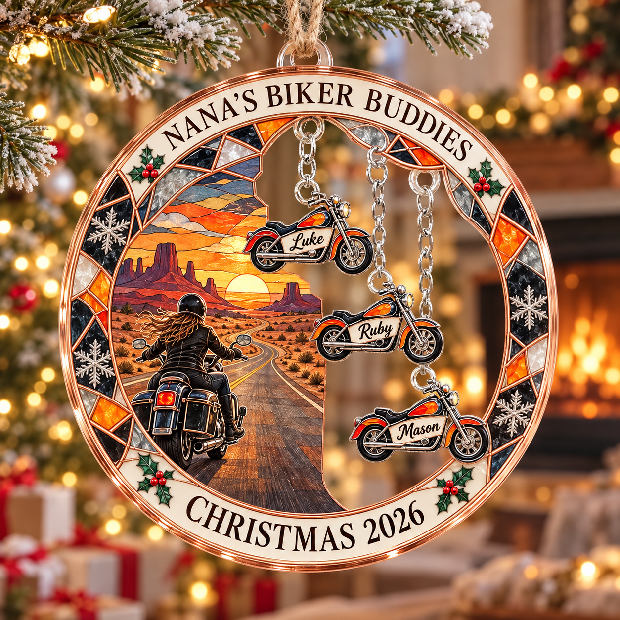 Stained-glass acrylic Christmas ornament with "NANA'S BIKER BUDDIES" and personalised name charms