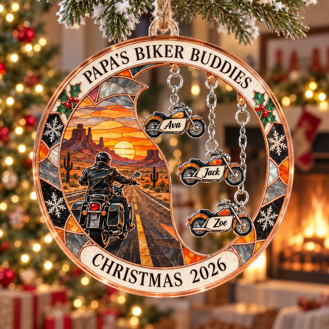 Stained-glass acrylic Christmas ornament with "PAPA'S BIKER BUDDIES" and personalised name charms