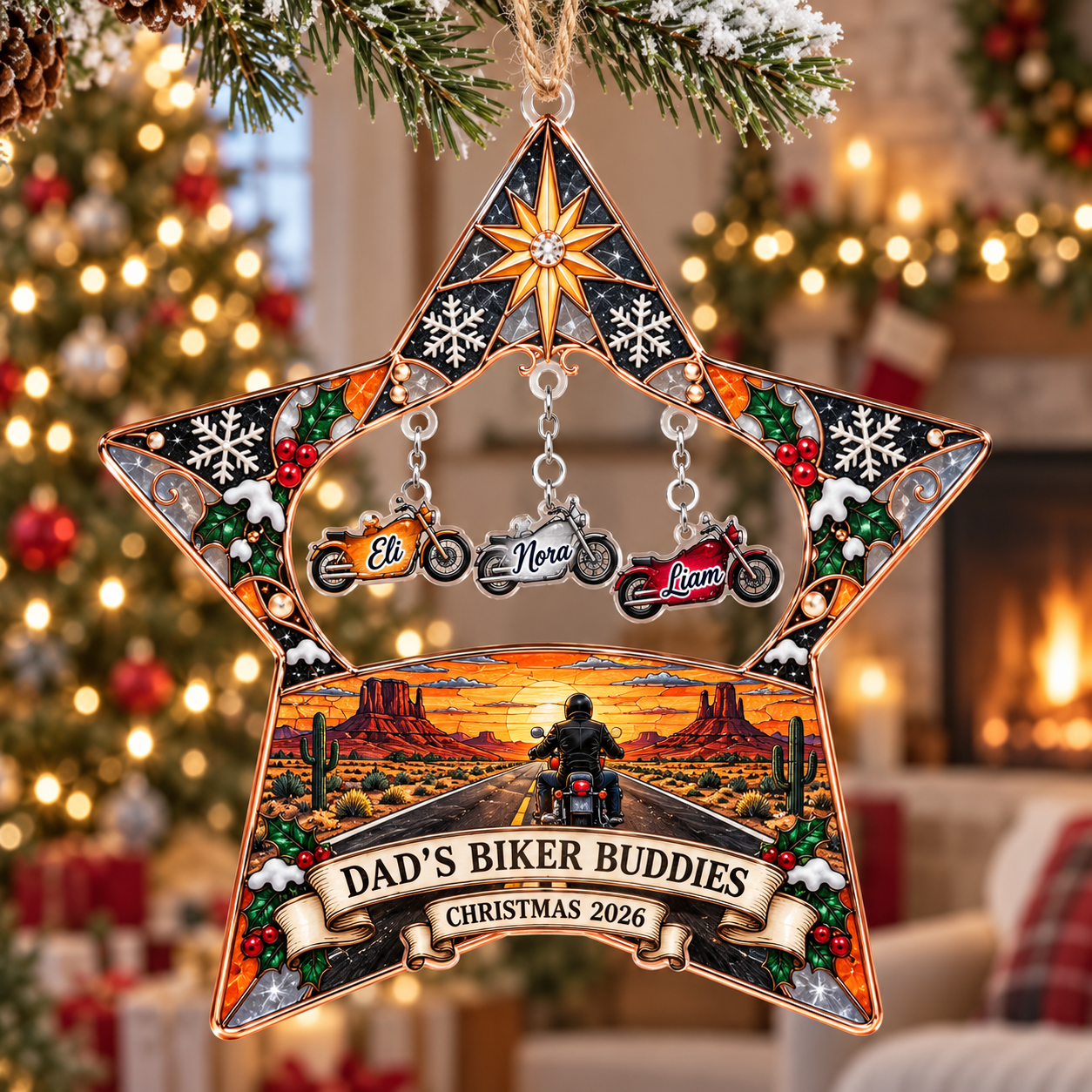 Stained-glass acrylic Christmas ornament with "DAD'S BIKER BUDDIES" and personalised name charms