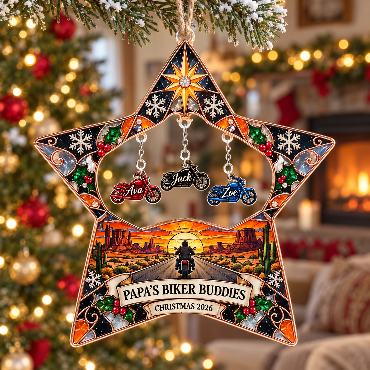 Stained-glass acrylic Christmas ornament with "PAPA'S BIKER BUDDIES" and personalised name charms