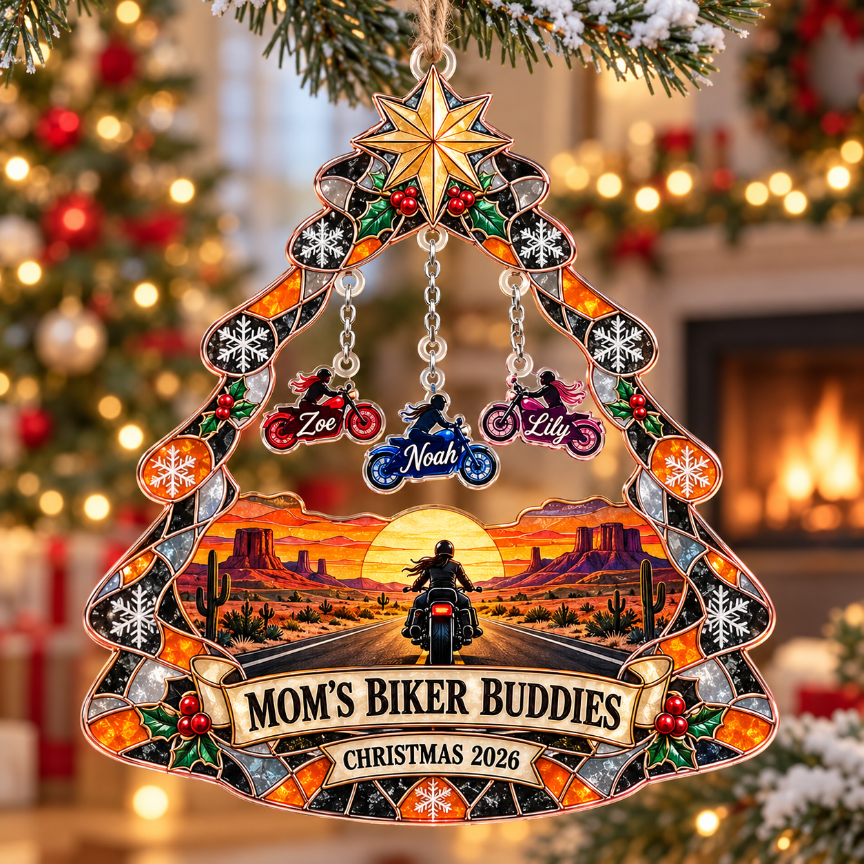 Stained-glass acrylic Christmas ornament with "MOM'S BIKER BUDDIES" and personalised name charms