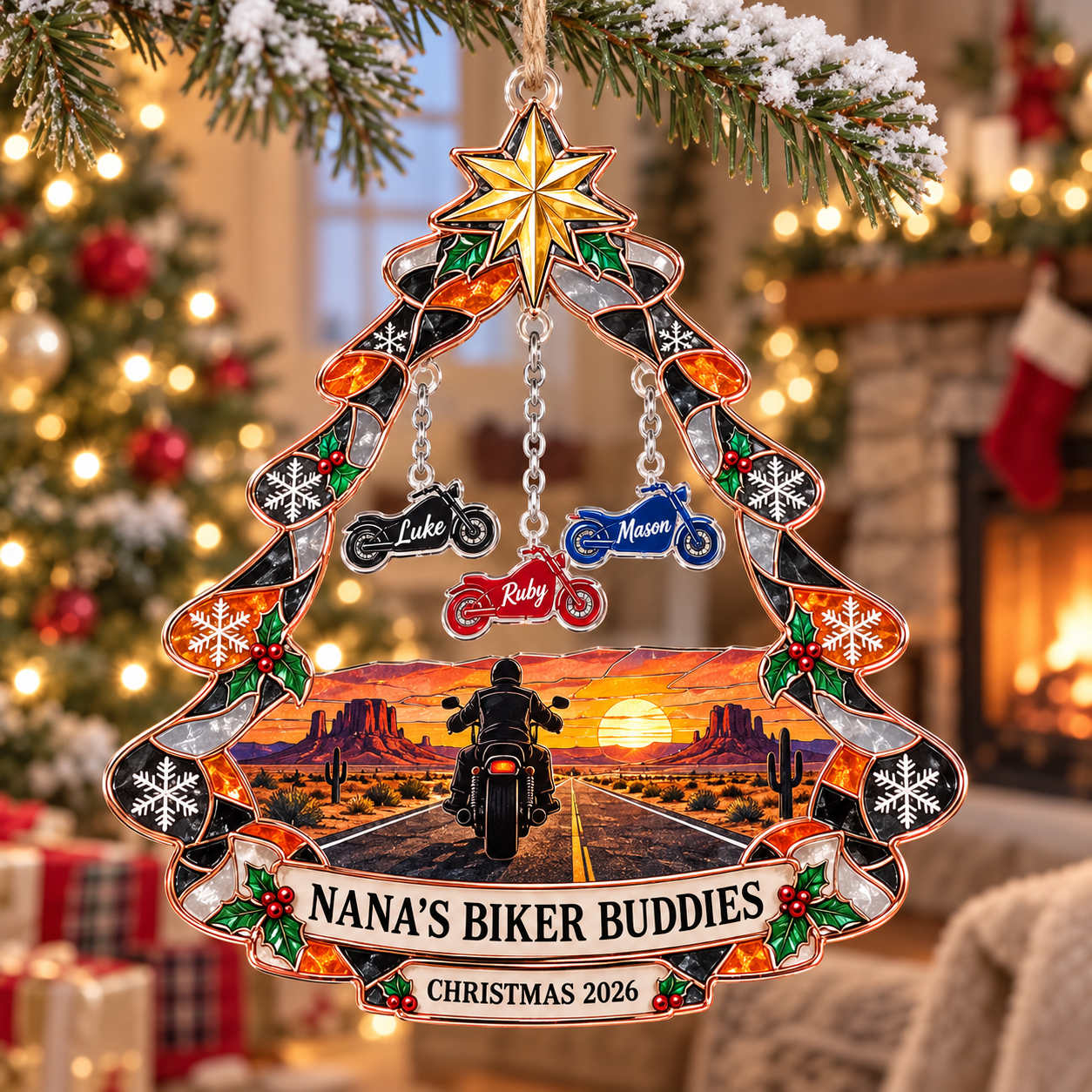 Stained-glass acrylic Christmas ornament with "NANA'S BIKER BUDDIES" and personalised name charms