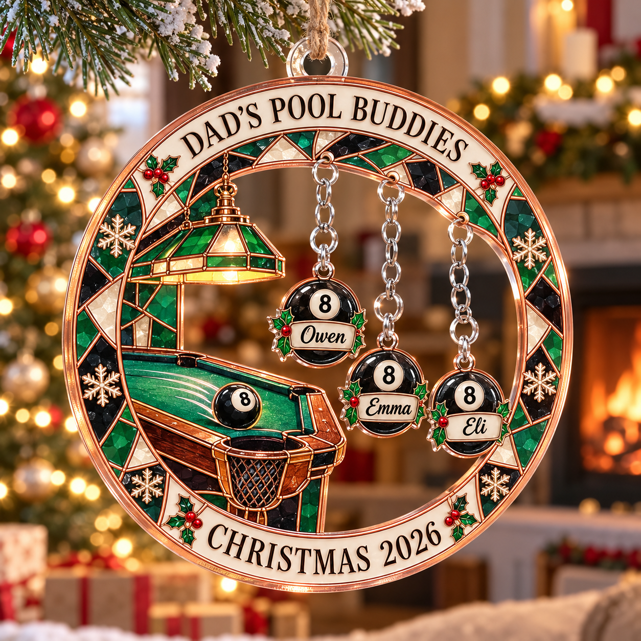 Stained-glass acrylic Christmas ornament with "DAD'S POOL BUDDIES" and personalised name charms