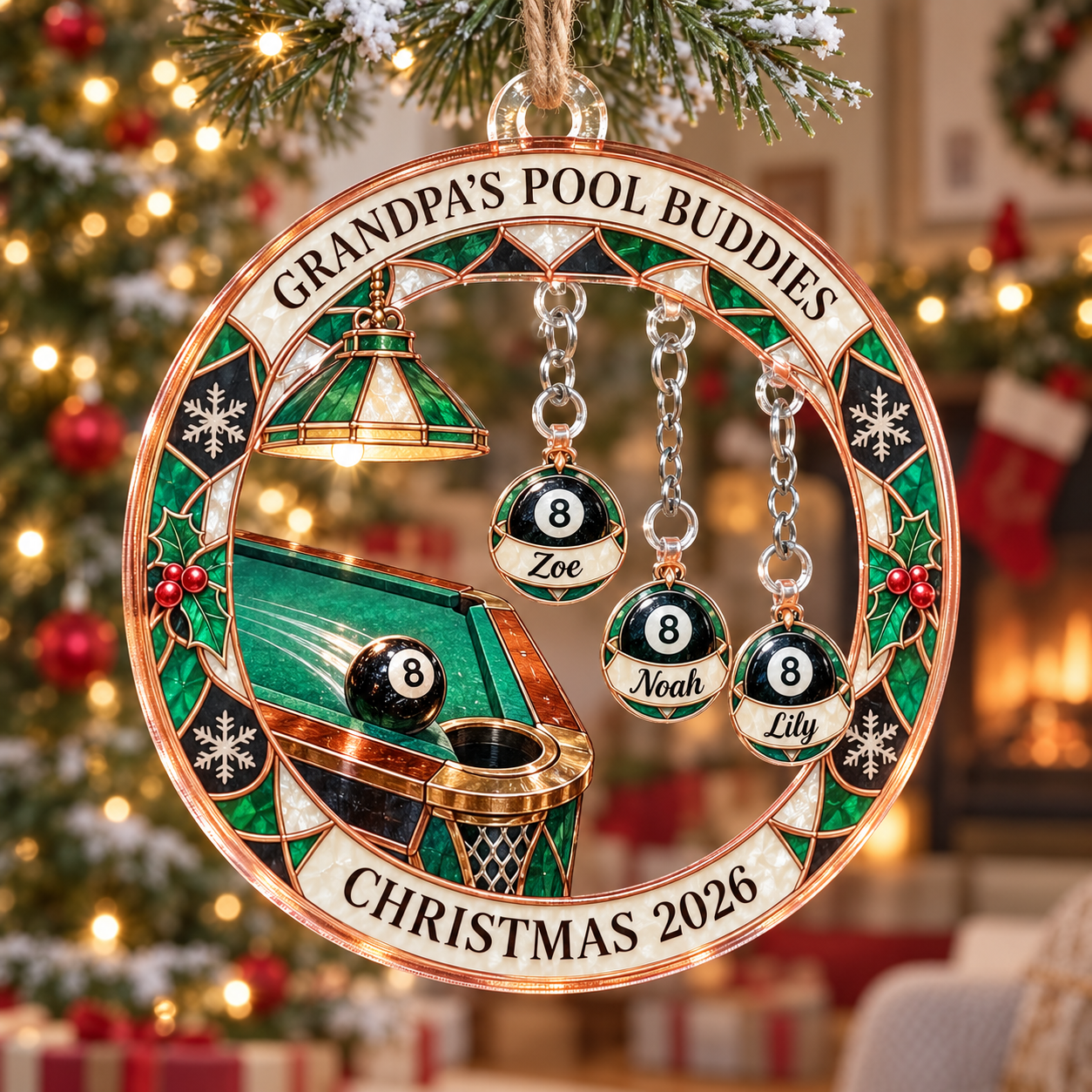 Stained-glass acrylic Christmas ornament with "GRANDPA'S POOL BUDDIES" and personalised name charms