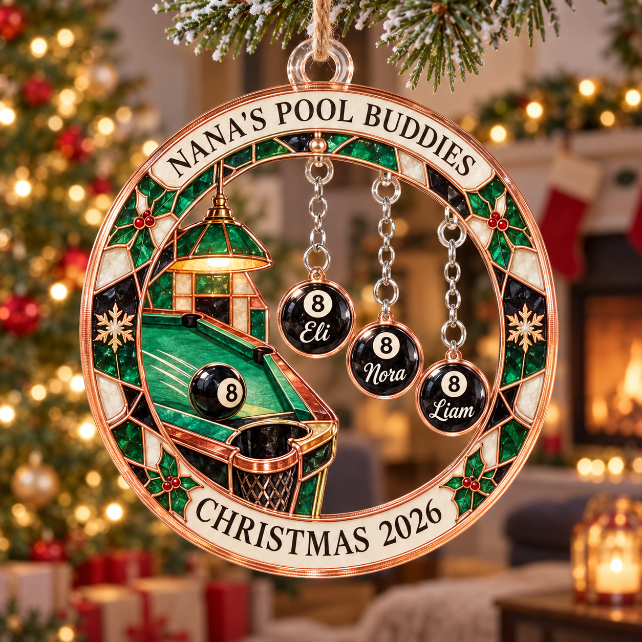 Stained-glass acrylic Christmas ornament with "NANA'S POOL BUDDIES" and personalised name charms