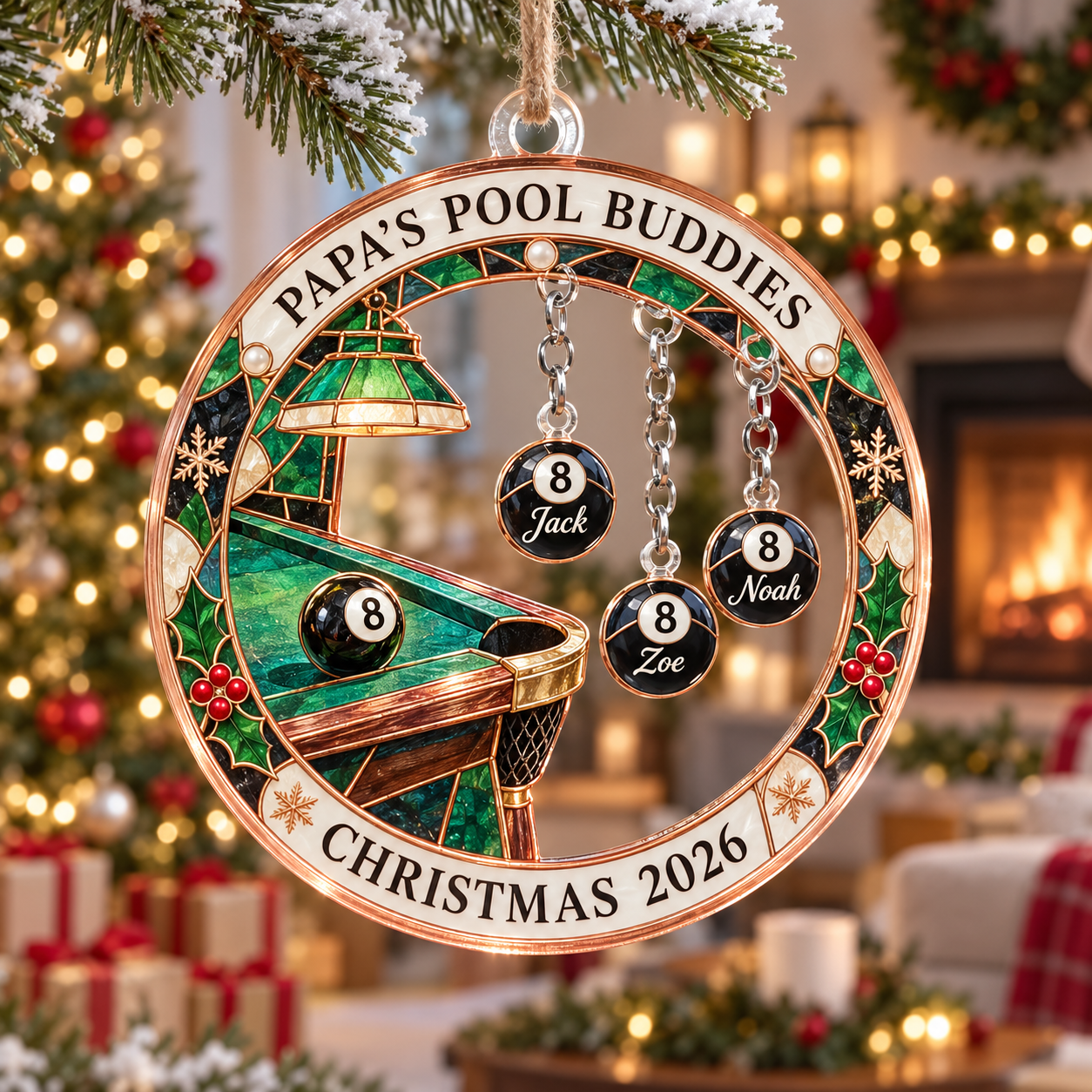 Stained-glass acrylic Christmas ornament with "PAPA'S POOL BUDDIES" and personalised name charms