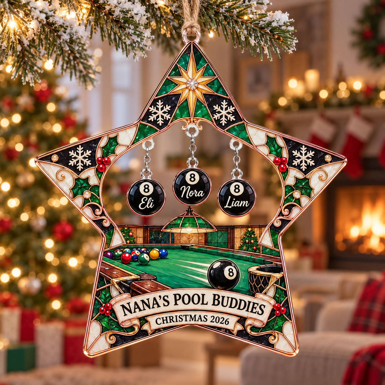 Stained-glass acrylic Christmas ornament with "NANA'S POOL BUDDIES" and personalised name charms