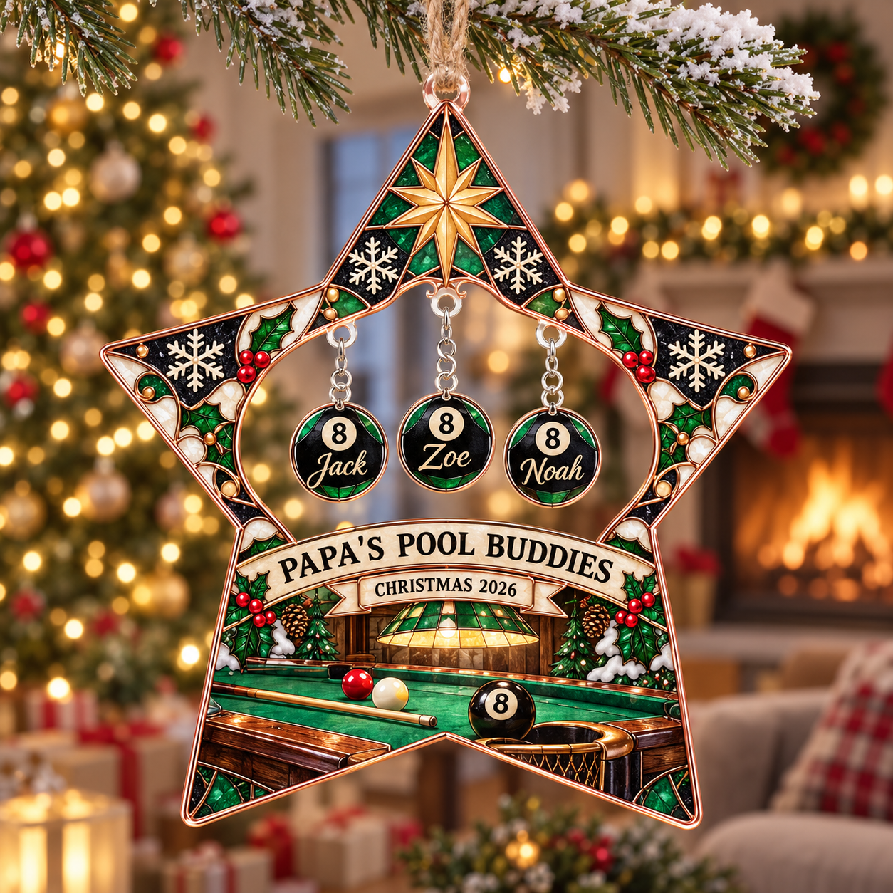 Stained-glass acrylic Christmas ornament with "PAPA'S POOL BUDDIES" and personalised name charms