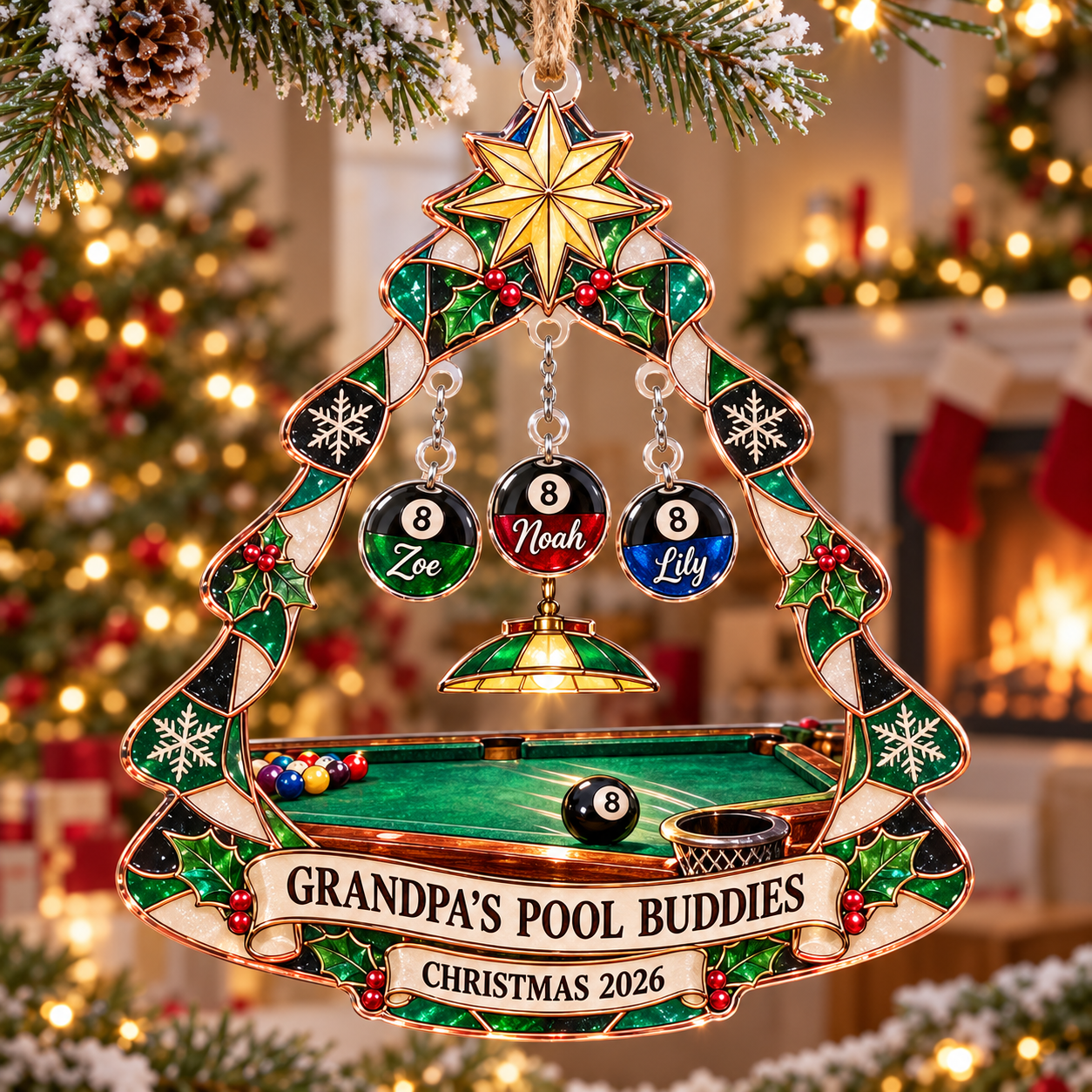 Stained-glass acrylic Christmas ornament with "GRANDPA'S POOL BUDDIES" and personalised name charms