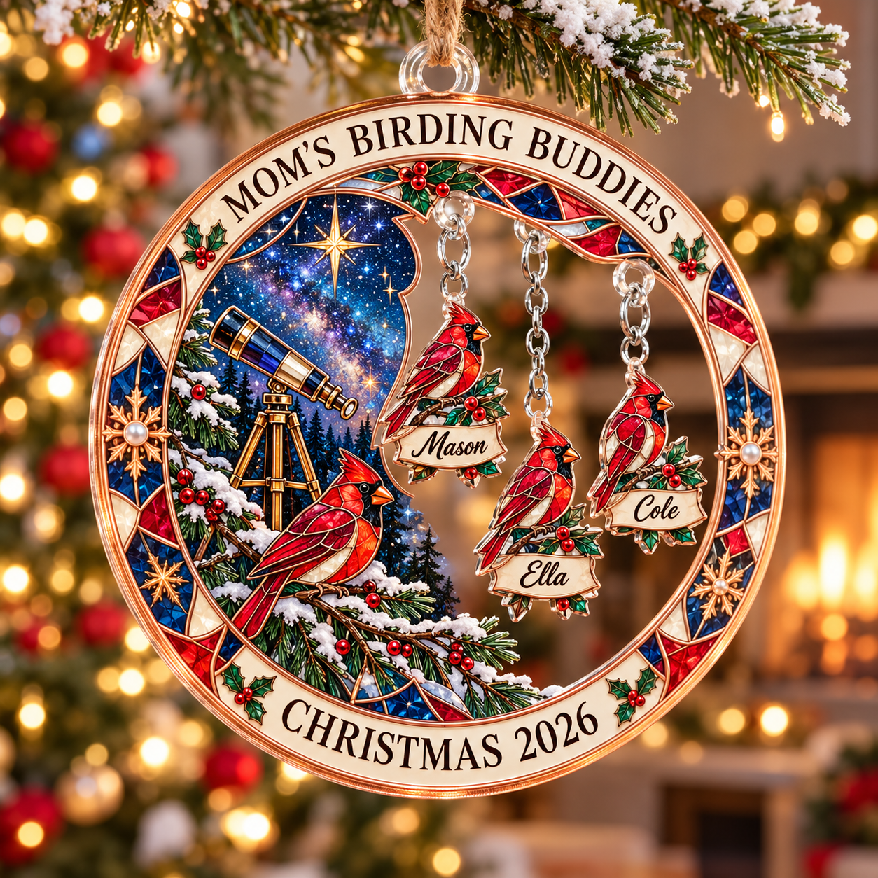 Stained-glass acrylic Christmas ornament with "MOM'S BIRDING BUDDIES" and personalised name charms