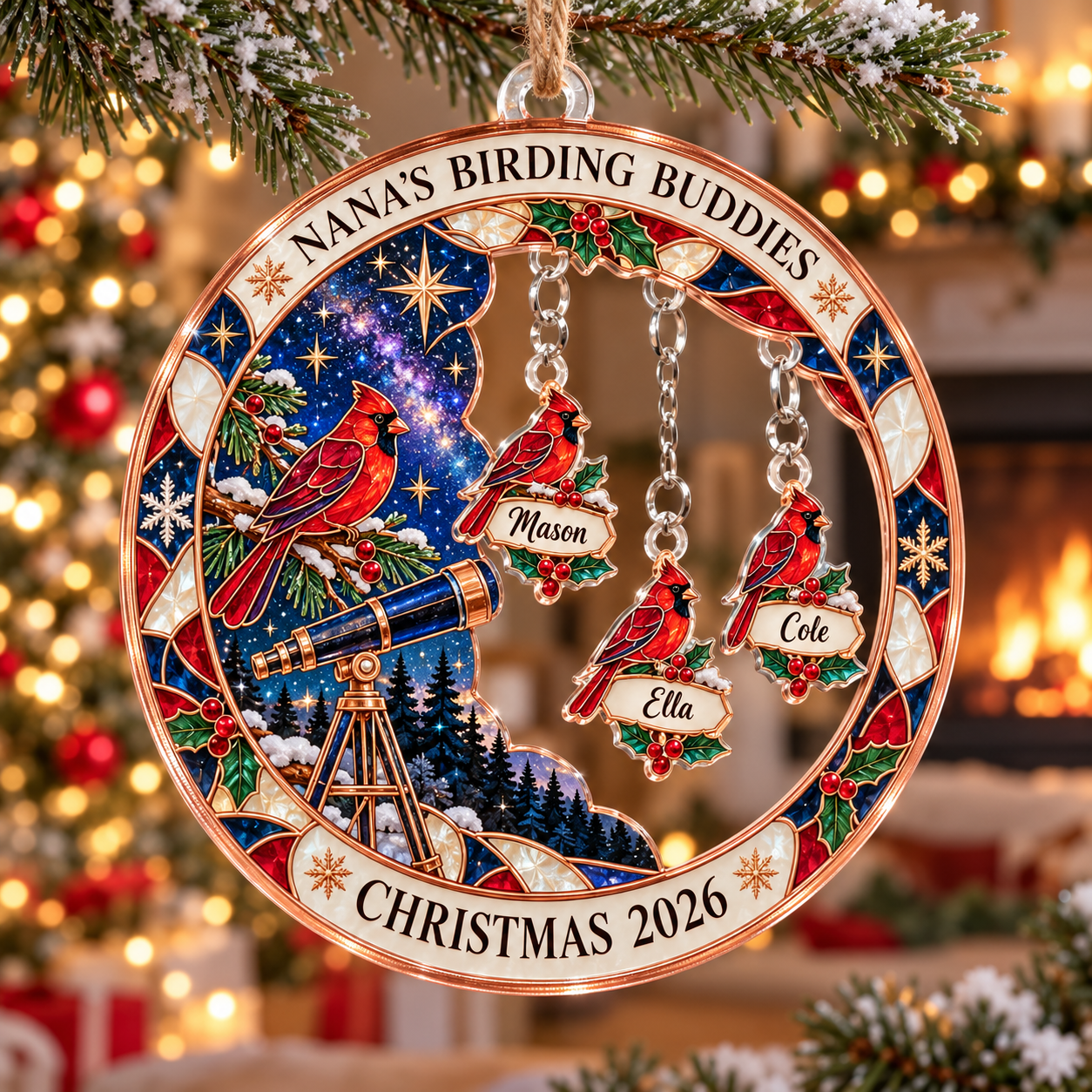 Stained-glass acrylic Christmas ornament with "NANA'S BIRDING BUDDIES" and personalised name charms