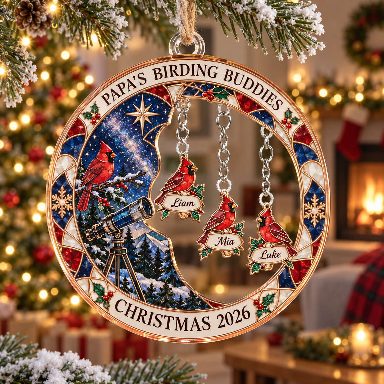 Stained-glass acrylic Christmas ornament with "PAPA'S BIRDING BUDDIES" and personalised name charms